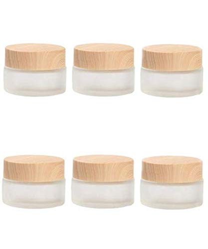 Healthcom 12 Packs 1 Oz Empty Jars 30ml Round Frosted Glass Cream Jar Bottles Holder with Wood Grain Lids Refillable Case Vial Pot Cosmetic Container Healthcom