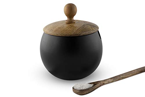 GoCraft Sugar Bowl with Wooden Lid and Spoon for Home and Kitchen, Drum Shape (Matte Black Finish) GoCraft