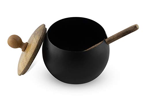 GoCraft Sugar Bowl with Wooden Lid and Spoon for Home and Kitchen, Drum Shape (Matte Black Finish) GoCraft