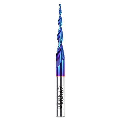 ZahyoX 3D Carving Tapered Angle Ball Nose CNC Bit, 3.6 Degree nACo Coated Solid Carbide Router Bit, 1/16" Cutting Dia, 1/32" Radius, 1/4" Shank, 3" Zahyox