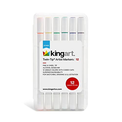 KINGART Studio Twin-Tip™ Permanent Alcohol-Based Sketch Markers, Storage/Travel Case, Set of 12 Unique Colors KINGART