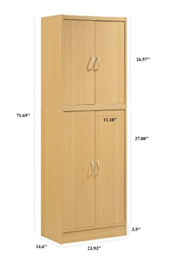 Hodedah 4 Door Kitchen Pantry with Four Shelves, Beech Hodedah