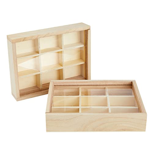 Small Unfinished Wood Box with Lid, 9 Compartment Storage Boxes (6.75 x 5.1 Inches, 2 Pack) Bright Creations