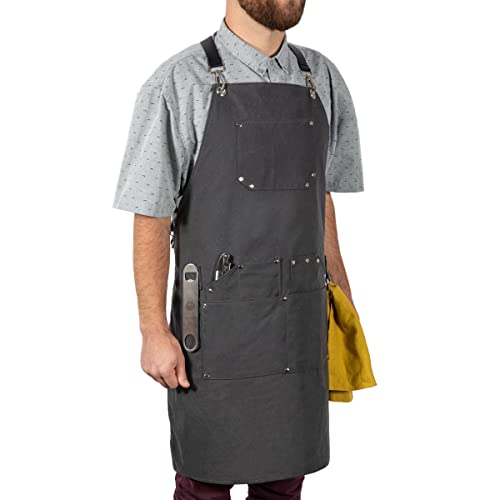 LEGACY - a Picnic Time brand Collins Mixologist Apron Waxed Canvas with Corkscrew and Bottle Opener, One Size, Gray with Black Accents PICNIC TIME