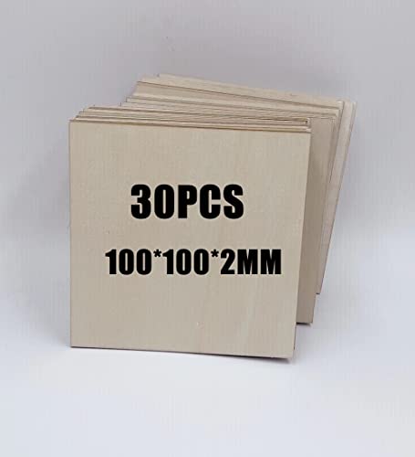 30 Pcs Basswood Sheets, Unfinished Wood, Thin Plywood Wood Sheets for Crafts, Perfect for DIY Projects, Wood Engraving, Wood Burning (100x100x 2mm) SIWUCHYE