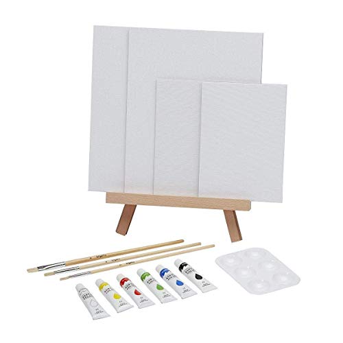 KINGART Artist Painting Set with 6 Vivid Acrylic Paint Colors, 12" Easel, 4 Canvas Panels, 3 Brushes, Painting Palette - School, Students, Beginners KINGART