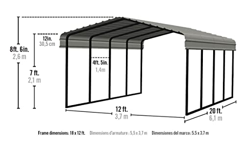 Arrow Shed 12 x 20 x 7-Foot Heavy Duty Galvanized Steel Metal Multi-Use Shelter, Shade, Carport, 12' x 20' x 7', Charcoal color Arrow
