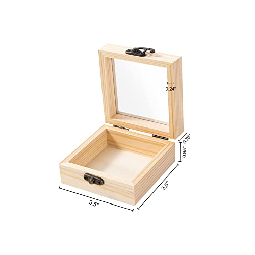 Useekoo 2Pcs Small Wooden Box with Hinged Lid, 3.5'' x 3.5'' x 1.8'' Unfinished Wood Gift Box with Glass Lid, Small Wooden Jewelry Box for DIY and Useekoo