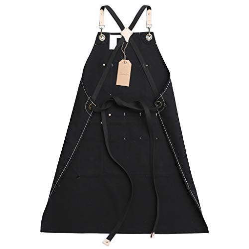 Jeanerlor Work Apron Waxed Canvas Stylist Apron with Pockets Water-Resistant Tool Aprons for Women Cross Back Straps Adjustable S-M(Black) Jeanerlor