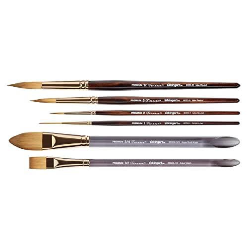 KINGART 1010B Premium 6 Pc. Finesse Series Watercolor Artist Brush Set, Synthetic Kolinsky Sable Blend, Curated Brush Shapes and Sizes, Short Handle, KINGART