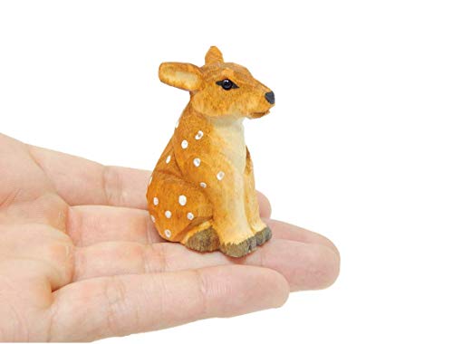 Selsela Spotted Deer - White-Tailed Forest Fawn Reindeer Roe Buck Fallow Doe Miniature Hand-Painted Wooden Carved Ornament Figurine Small Animals