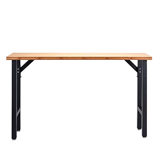 Goplus 65" Bamboo Top Work Bench, Heavy-Duty Steel Garage Workbench Triangle Reinforcement Work Table Hardwood Workstation, Easy Assembly Goplus
