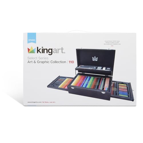 KINGART Art & Graphic Collection Art Set, 2-Drawer Wooden Case, Pencils, Pastels, Brush, Blending Stump, Erasers, Sharpener, Painting, Drawing, All KINGART
