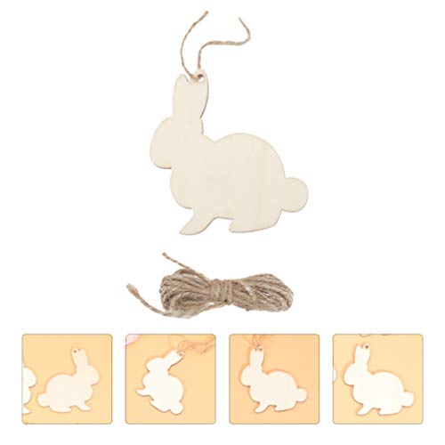Amosfun 30pcs Wooden Easter Cutouts Rabbit Unfinished Wood Slices Wooden Easter Crafts with Hemp Ropes for Easter Hanging Party Decoration Amosfun