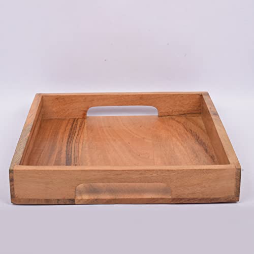 Samhita Acacia Wood Serving Tray with Handles,Wooden Serving Tray, Snack Tray, Breakfast Tray, Great for, Breakfast, Coffee |Size- 10" x 10" x 1.75" Samhita