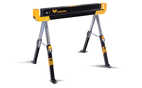 WORKESS Saw Horses 2 Pack Folding, 2600 Lbs Load Capacity & 24-32 Inch Adjustable Height Heavy Duty Sawhorse Table with 2x4 Support Arms, Portable WORKESS