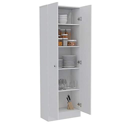 Levan Home Contemporary Kitchen Tall Utility Storage Pantry Cabinet in White & Light Oak with Metal Handles Levan Home