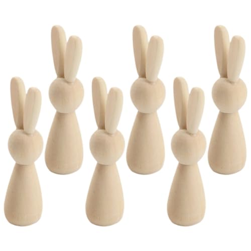 VOSAREA 6pcs Unfinished Wooden Bunny DIY Blank Wood Rabbit Peg Dolls Natural Wooden Bunny Figures for Party DIY Painting Decorations VOSAREA