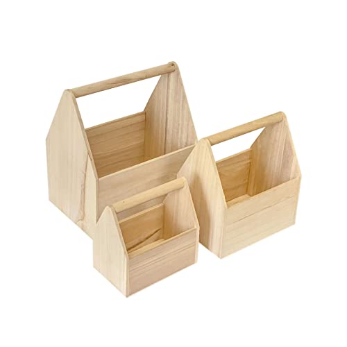 Set of 3 Unfinished Wooden Carrier Nesting Wood Craft Box with Handle for Storage Cregugua