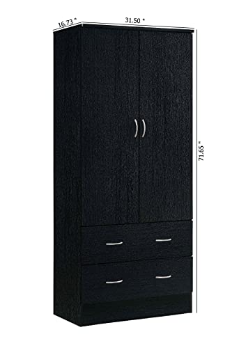 HODEDAH 2 Door Wood Wardrobe Bedroom Closet with Clothing Rod inside Cabinet and 2 Drawers for Storage, Black Hodedah