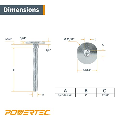 POWERTEC 71614 Miter T Locking Bolts, Improved Flange Bolt & T-Bolt Accessory for 3/4" x 3/8" Miter Gauge Slots on Table Saws, Router Table & Unisaw POWERTEC