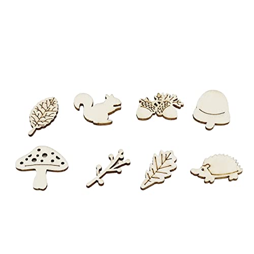 KUMGROT 100pcs Unfinished Wooden Ornament Mini Wood Pieces Mushroom Tree Squirrel Pine Cones Leaf Shaped for DIY Craft Handmade Supplies (Forest KUMGROT