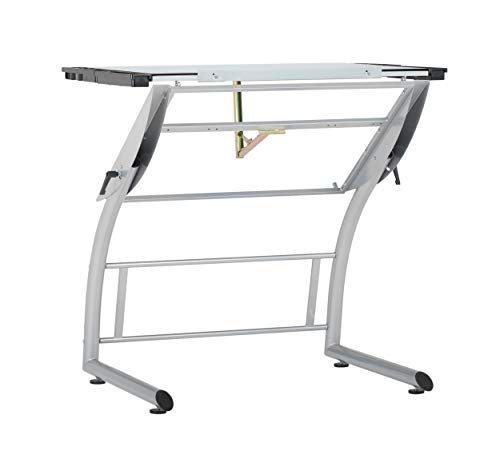 SD STUDIO DESIGNS Triflex Drawing Table, Sit to Stand Up Adjustable Office Home Computer Desk, 35.25" W X 23.5" D, Silver/Blue Glass SD STUDIO DESIGNS