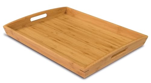Joy&Grace 100% Bamboo Wood Butler Serving Tray with Handles - Breakfast/Coffee Table Tray, Decorative Ottoman Tray, Serving Platter for Joy&Grace