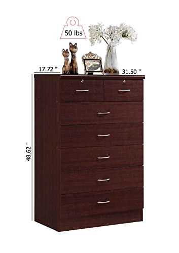 HODEDAH 7 Drawer Wood Dresser for Bedroom, 31.5 inch Wide Chest of Drawers, with 2 Locks on the Top Drawers, Storage Organization Unit for Clothing, Hodedah