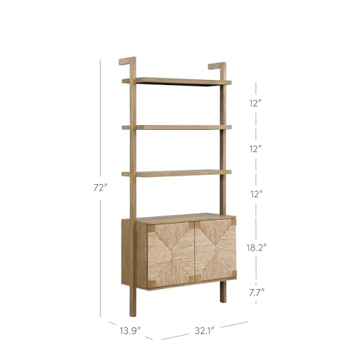 Nathan James Beacon Wall-Mounted Solid Wood Bookshelf with Seagrass Cabinet Fronts Nathan James