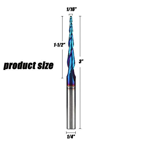 Jiiolioa ZQ21A3 CNC Router Bits 2D&3D Carving 3.6 Deg Tapered Angle 2 Flute Ball Nose 1/4" Shank 1/16"X1 1/2"X1/4"X3" TESTEL