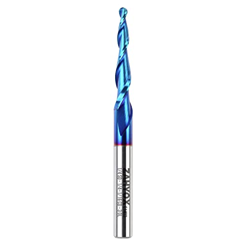 ZahyoX 3D Carving Tapered Angle Ball Nose CNC Bit, 3.0 Degree nACo Coated Solid Carbide Router Bit, 1/16" Cutting Dia, 1/32" Radius, 1/4" Shank, 3" Zahyox