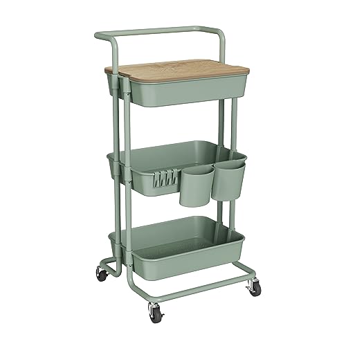DTK 3 Tier Rolling Utility Cart with Cover Board, Lockable Wheels, and Storage Baskets in Green DTK