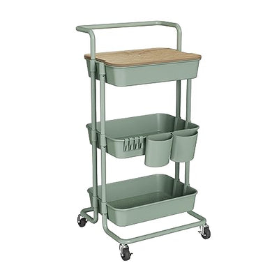 DTK 3 Tier Rolling Utility Cart with Cover Board, Lockable Wheels, and Storage Baskets in Green