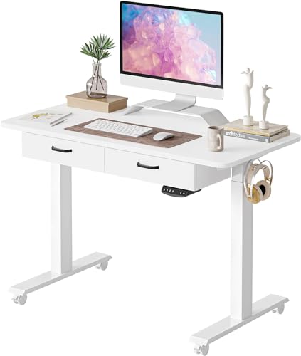 BANTI 48'' Adjustable Height Electric Standing Desk with Double Drawer, Stand Up Home Office Desk with Splice Tabletop, White BANTI