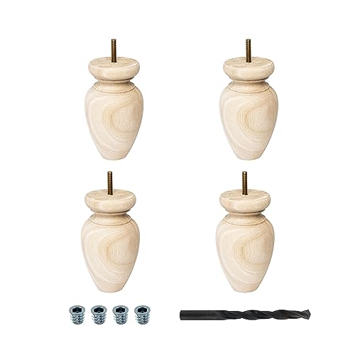 OUTWATER 5-1/2 in. H x 3-1/4 in. Dia Unfinished Solid Hardwood Bun Foot Leg for Furniture | Pack of 4 OUTWATER