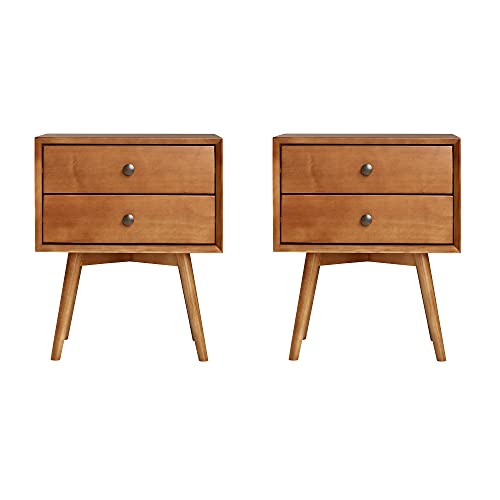 Walker Edison Ella Mid-Century Modern 2-Piece 2-Drawer Solid Wood Nightstand Set, 2 Pack, Caramel Walker Edison