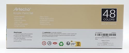 Artecho Acrylic Paint Set 48 Colors 2oz/59ml, Art Craft Paint for Art Supplies, Paint for Canvas, Rocks, Wood, Fabric and Ceramic, Non Toxic Paint Artecho