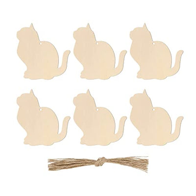20pcs Cat Wood DIY Crafts Cutouts Wooden Cat Shaped Hanging Ornaments with Jute Twines Gift Tags for Baby Shower Wedding Birthday Christmas Party