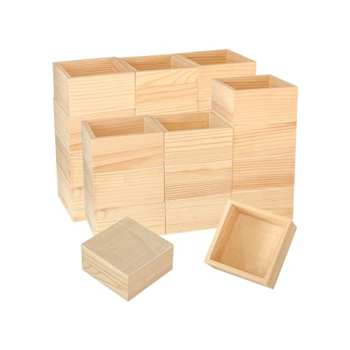 24 Pack Square Wood Box Unfinished Small Wooden Boxes for Crafts (Outer 3.7X 3.7X 2 in,Interior 3.2 x 3.2 x1.9 in) Cregugua