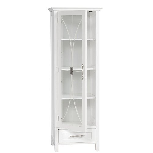 Teamson Home Delaney Tall Narrow Linen Tower with Glass Door, 3 Adjustable Shelves & Drawer - White Teamson Home