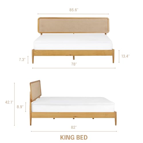 NTC Lupin King Wooden Bed Frame with Headboard - Solid Oak & Rubber Wood, Silent Slats, 1000 Lb Capacity NTC
