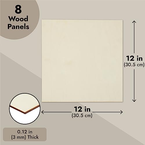 8-Pack 12x12 Wood Panels, Thin Plywood for Crafts, Painting, DIY, Art Projects, Engraving, 3 mm Birch Plywood Boards, Unfinished Wooden Signs (0.12 Bright Creations