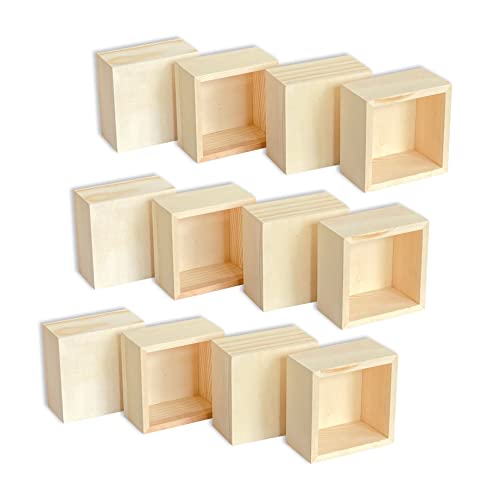 12-Pack Square Wood Box Unfinished Small Wooden Boxes for Crafts (Outer 3.7X 3.7X 2 in,Interior 3.2 x 3.2 x1.9 in) Cregugua