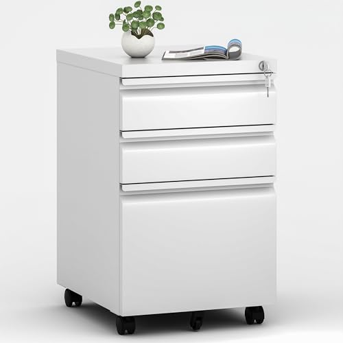 VIYET 3 Drawers Mobile File Cabinet, Rolling File Cabinet Fully Assembled Under Desk, Metal Filing Cabinet with Lock for Home Office Organizer VIYET