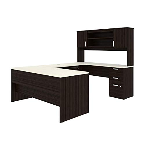 Bestar Ridgeley U-Shaped Executive Desk with Pedestal and Hutch in, 65W, White Chocolate Bestar