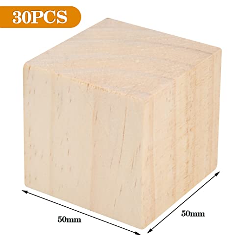 BUYGOO 30Pcs 2 inch Wooden Cubes Unfinished Wood Blocks for Wood Crafts, Wooden Cubes, Wood Square Blocks for Crafts and DIY Décor, Great for Baby BUYGOO