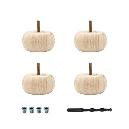 OUTWATER Architectural Products BUN32-UN 1-7/8 in. x 3-5/8 in. Unfinished Solid Hardwood Round Bun Foot 4 Pack with 4 Free Insert Nuts and Drill Bit OUTWATER