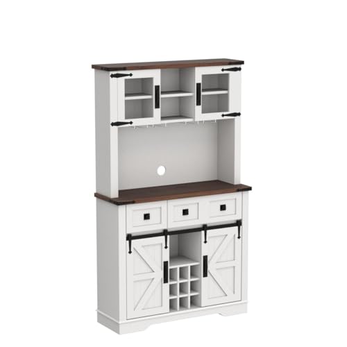 OKD Farmhouse Bar Cabinet with Sliding Barn Door, 72" Rustic Buffet with Hutch with Wine and Glasses Rack, 3 Drawers, Storage Shelves, Sideboard OKD