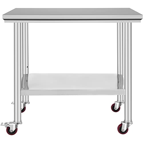 Mophorn Stainless Steel Work Table 36x24 Inch with 4 Wheels, Casters Heavy Duty Food Prep Worktable for Commercial Kitchen Restaurant Vevor